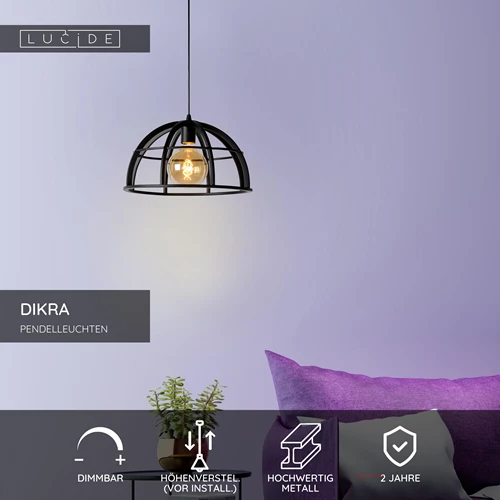 Lucide DIKRA - Pendelleuchten - Ø 40 cm - 1xE27 - Schwarz - USP